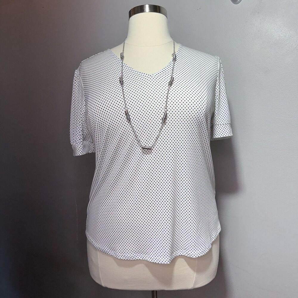 Adrianna Papell Top Women’s Size XL White & Black Polka Dot V-Neck Short Sleeve - Picture 1 of 10